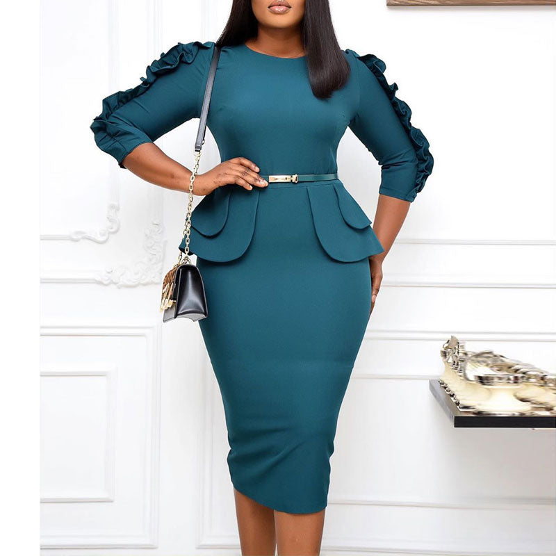 Solid Long Sleeve Ruffle Design Work Dress