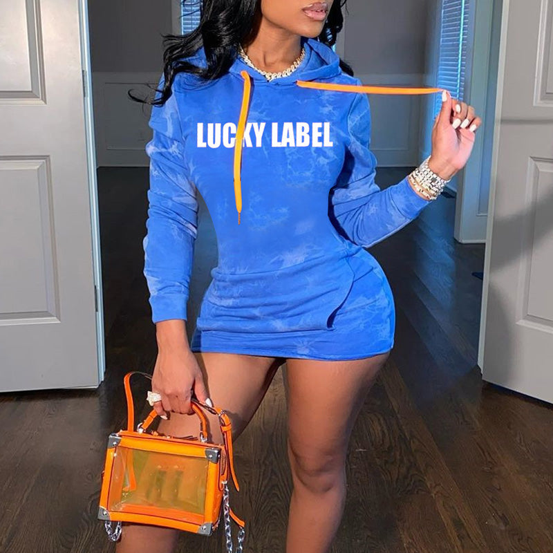 Letter Print Hoodies Long Sleeve Casual Dress