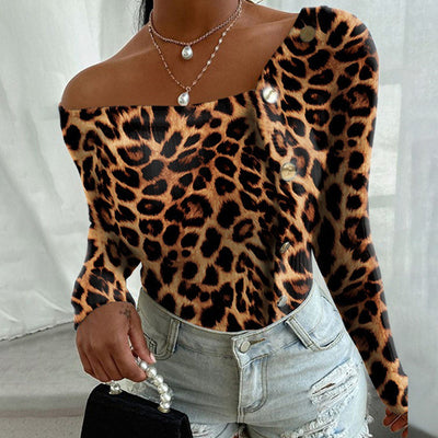 Leopard Print Button Detailed Long Sleeve Top