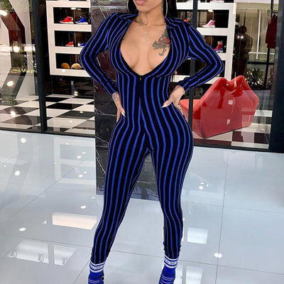 Sexy Deep-V Striped Print Jumpsuit