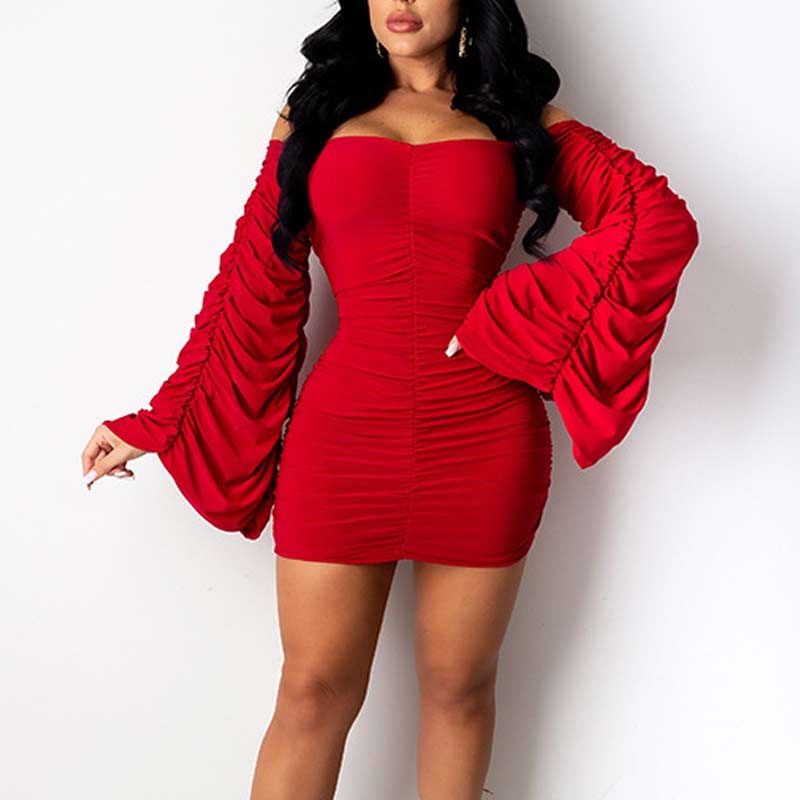 Solid Off Shoulder Long Sleeve Ruched Bodycon Dress