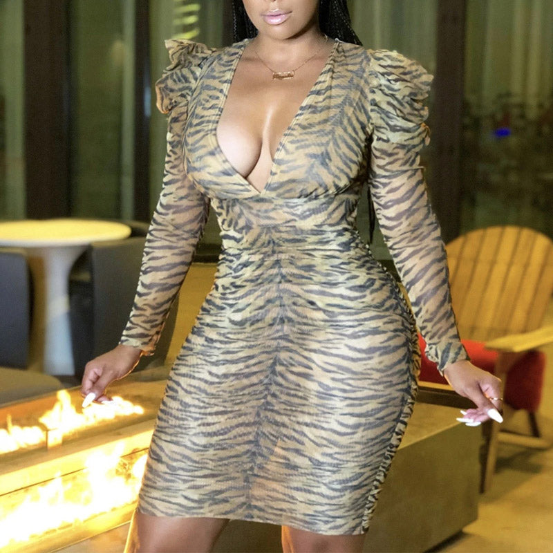 Leopard Print V-Neck Long Puff Sleeve Dress