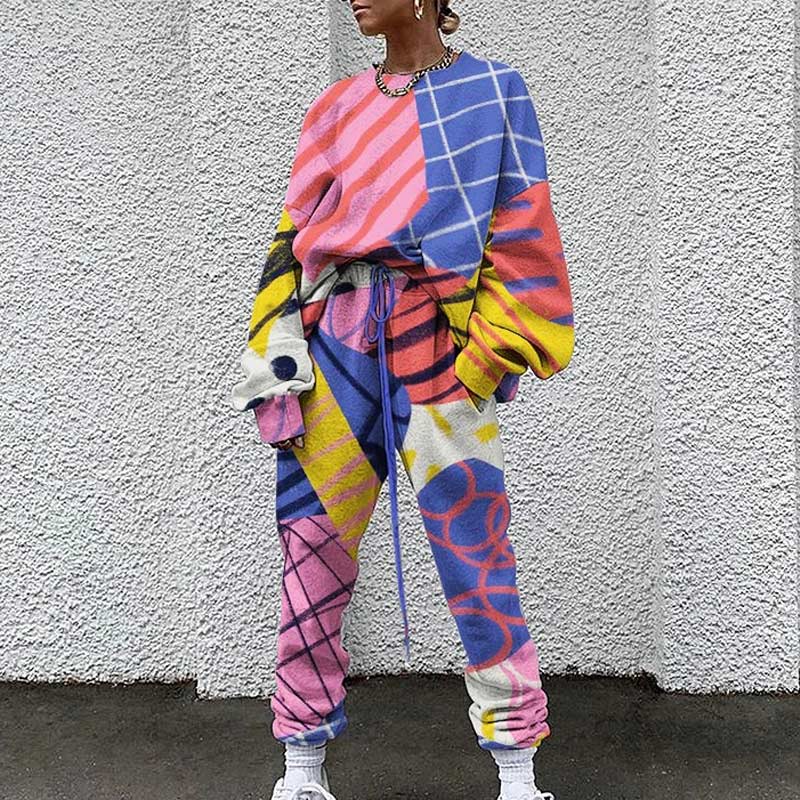 Colorblock Print Long Sleeve Top & Pants Set