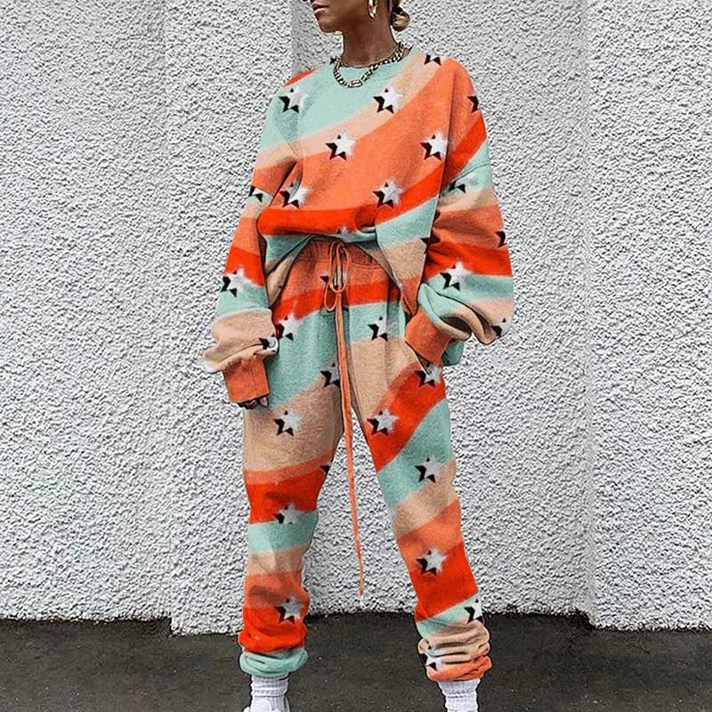 Colorblock Print Long Sleeve Top & Pants Set