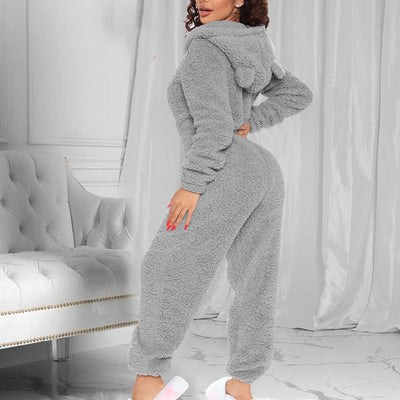 Solid Fluffy Long Sleeve Hooded Jumpsuit