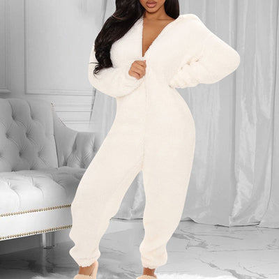 Solid Fluffy Long Sleeve Hooded Jumpsuit