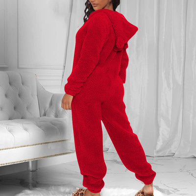 Solid Fluffy Long Sleeve Hooded Jumpsuit