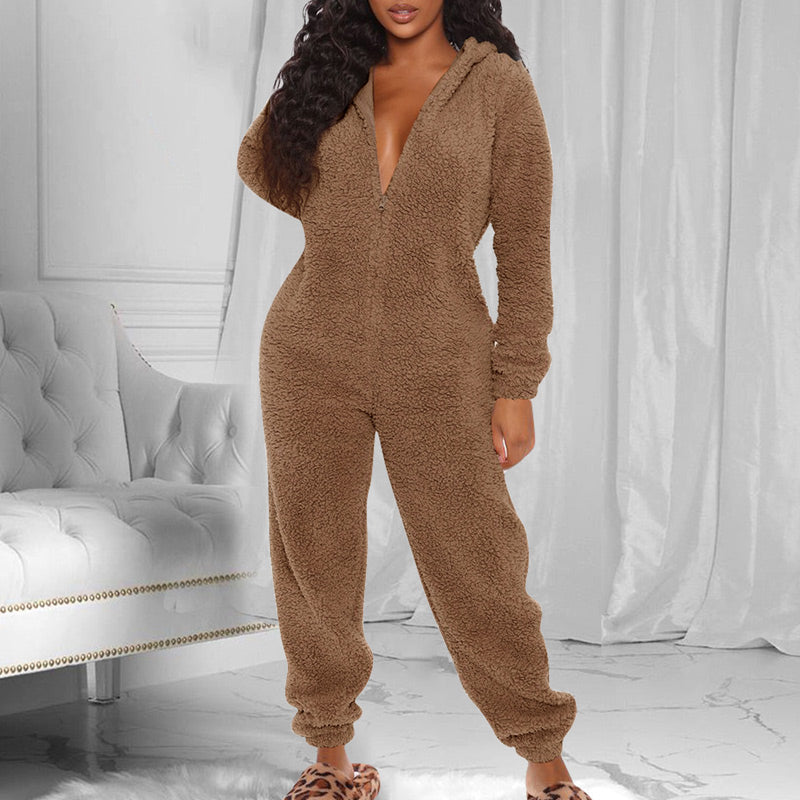 Solid Fluffy Long Sleeve Hooded Jumpsuit