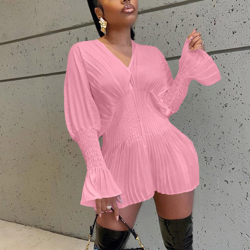 Solid V-Neck Long Sleeve Pleated Dress