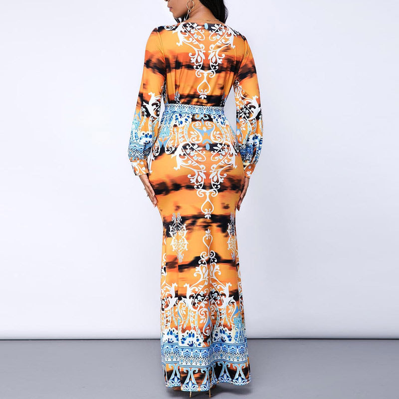 Fashion V-Neck Print Long Sleeve Maxi Party Dress With Belt