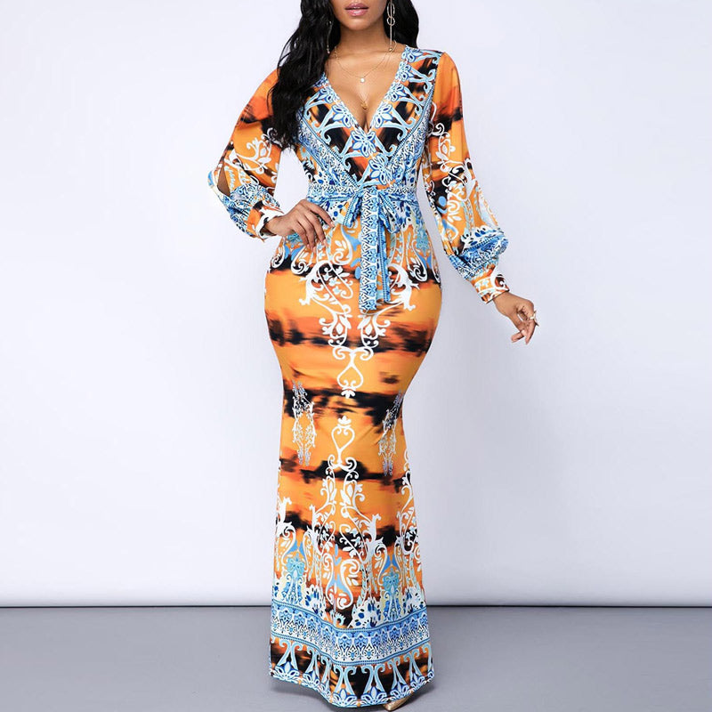 Fashion V-Neck Print Long Sleeve Maxi Party Dress With Belt