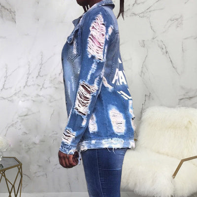 Denim Letter Print Cutout Button Pocket Design Coat