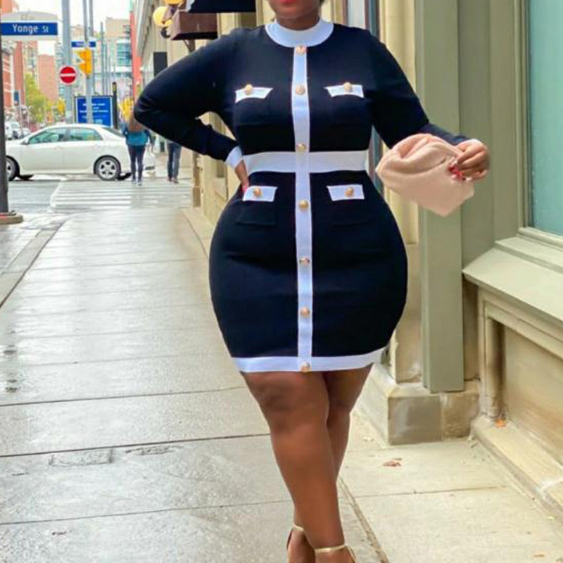 Colorblock Button Detailed Long Sleeve Bodycon Dress