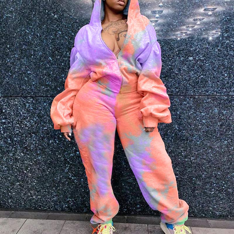 Tie Dye Print Hooded Top & Pants Set