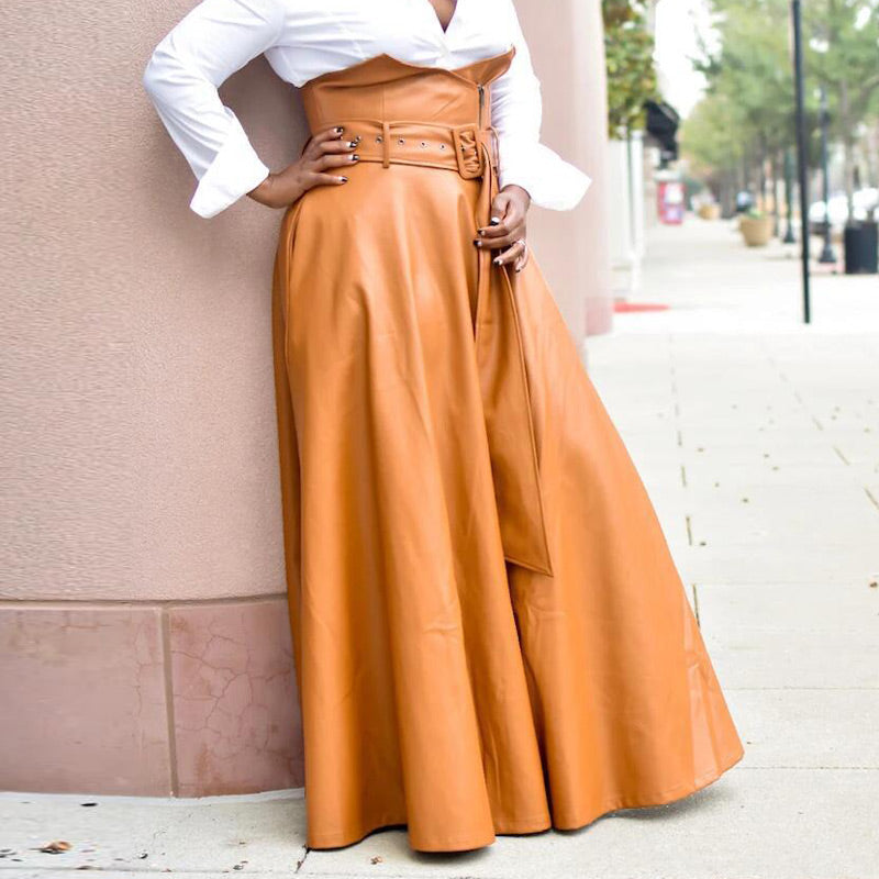 High Waist Solid PU Pleated Maxi Skirt With Belt