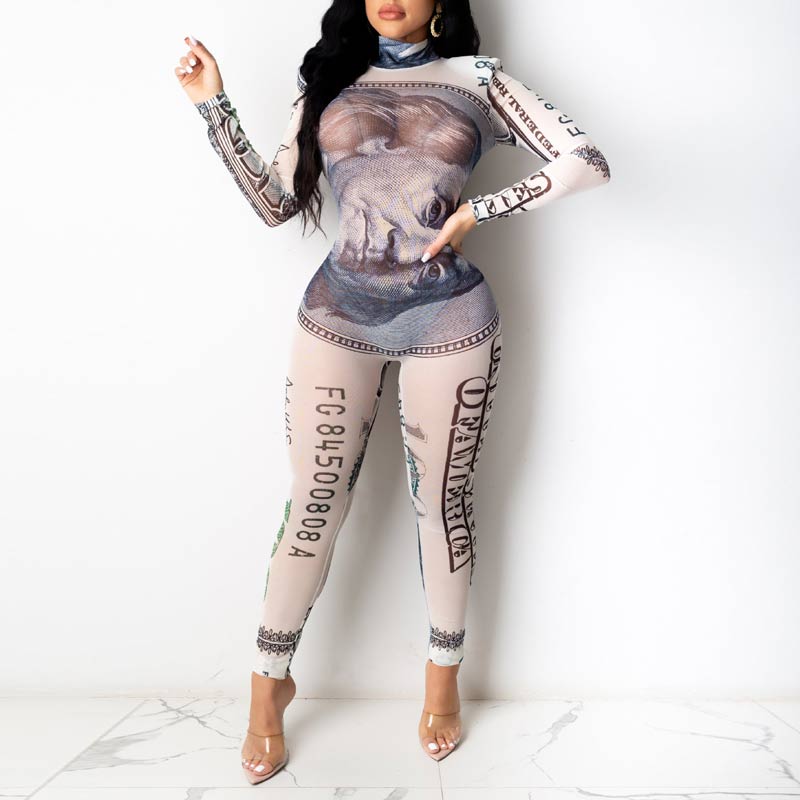 Dollar Pattern Long Sleeve Jumpsuit