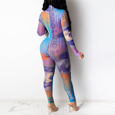 Dollar Pattern Long Sleeve Jumpsuit