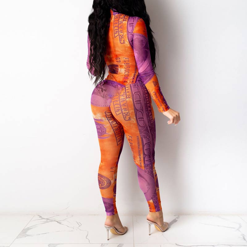 Dollar Pattern Long Sleeve Jumpsuit