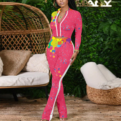 Print Zipper Design Top & Sporty Pants Set