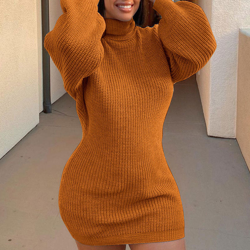 Solid Turtleneck Long Sleeve Sweater Dress