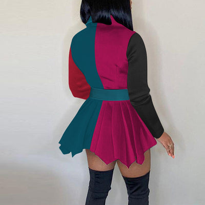 Colorblock Patchwork Button Detail Bowknot Dress