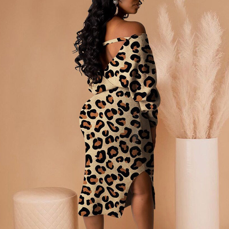 Off Shoulder Leopard Print Belted Dress