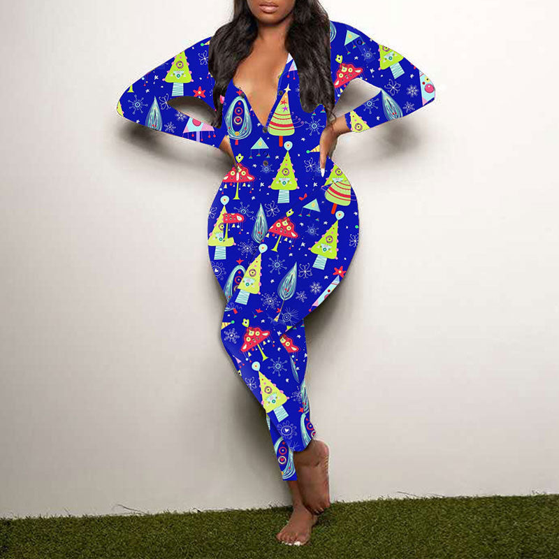 Christmas Print V-Neck Long Sleeve Jumpsuit