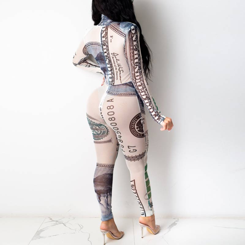 Dollar Pattern Long Sleeve Jumpsuit