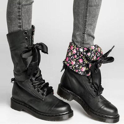 Floral Print Lace-Up PU Leather Martin Boots