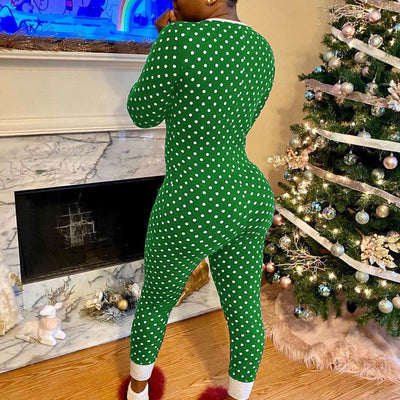 Polka Dot Print Button Design Long Sleeve Christmas Jumpsuit