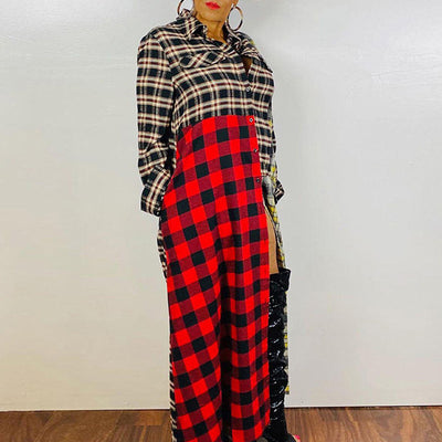 Plaid Colorblock Button Design Dress