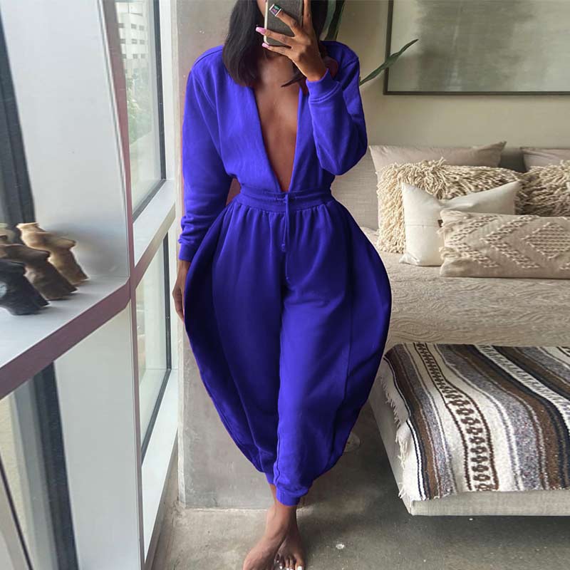 Solid Deep V-Neck Long Sleeve Wide Leg Jumpsuit