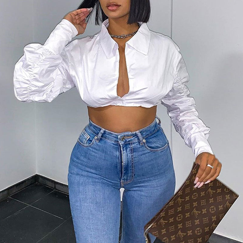 Solid Long Sleeve Ruched Crop Top