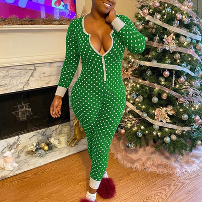 Polka Dot Print Button Design Long Sleeve Christmas Jumpsuit