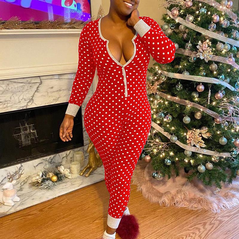 Polka Dot Print Button Design Long Sleeve Christmas Jumpsuit