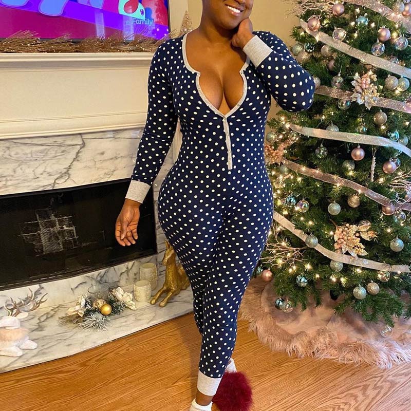 Polka Dot Print Button Design Long Sleeve Christmas Jumpsuit