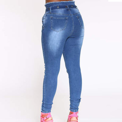 Solid Ripped Skinny Denim Pants With Belt