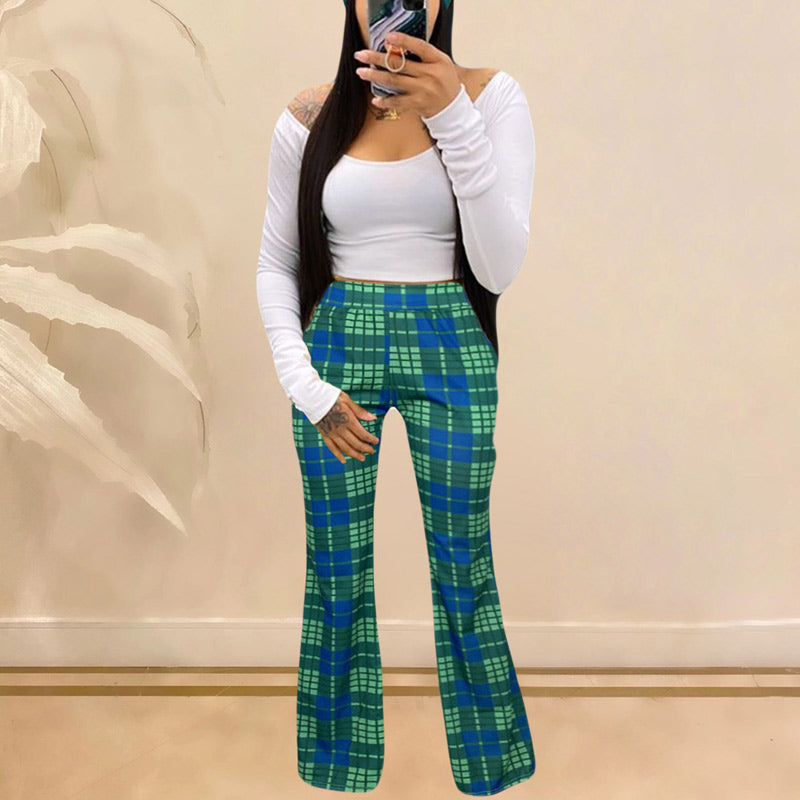 Plaid Colorblock Headband & Off Shoulder Top & Pants 3PCS Set