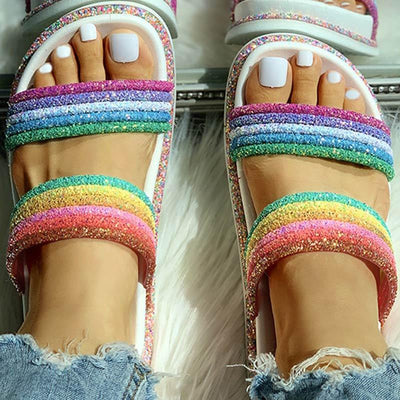 Rainbow Striped Open Toe Flat Slipper - Cherrybetty