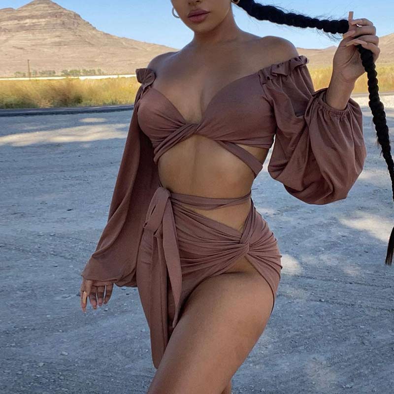 Solid Off Shoulder Long Sleeve Bandage Irregular Two Piece Skirt Set