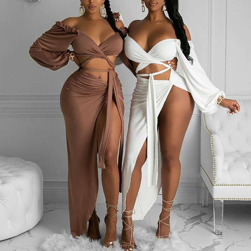 Solid Off Shoulder Long Sleeve Bandage Irregular Two Piece Skirt Set