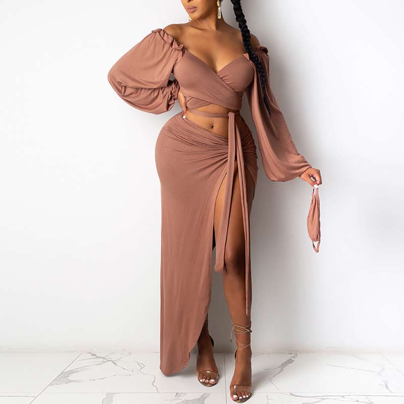 Solid Off Shoulder Long Sleeve Bandage Irregular Two Piece Skirt Set