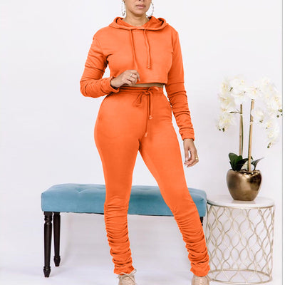 Solid Stacket Long Sleeve Drawstring Hoodie Top & Pants Set