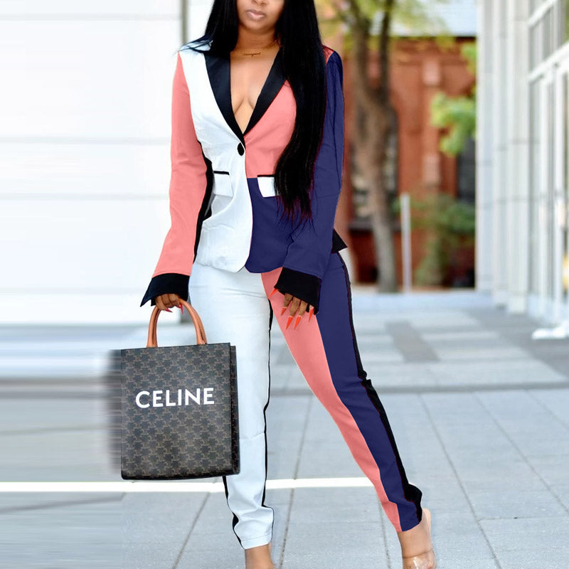 Colorblock Button Pockets Design Blazer Coat & Pants Set