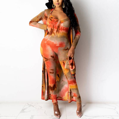 Tie Dye Print Jumsuit & Cover Up Set