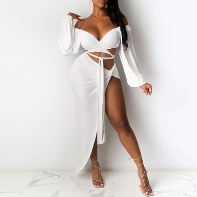 Solid Off Shoulder Long Sleeve Bandage Irregular Two Piece Skirt Set