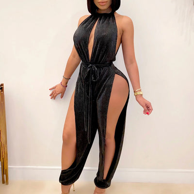 Solid Sleeveless High Split Tied Jumpsuit