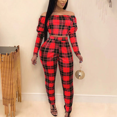 Plaid Print Off Shoulder Long Sleeve Top & High Waist Pants Set