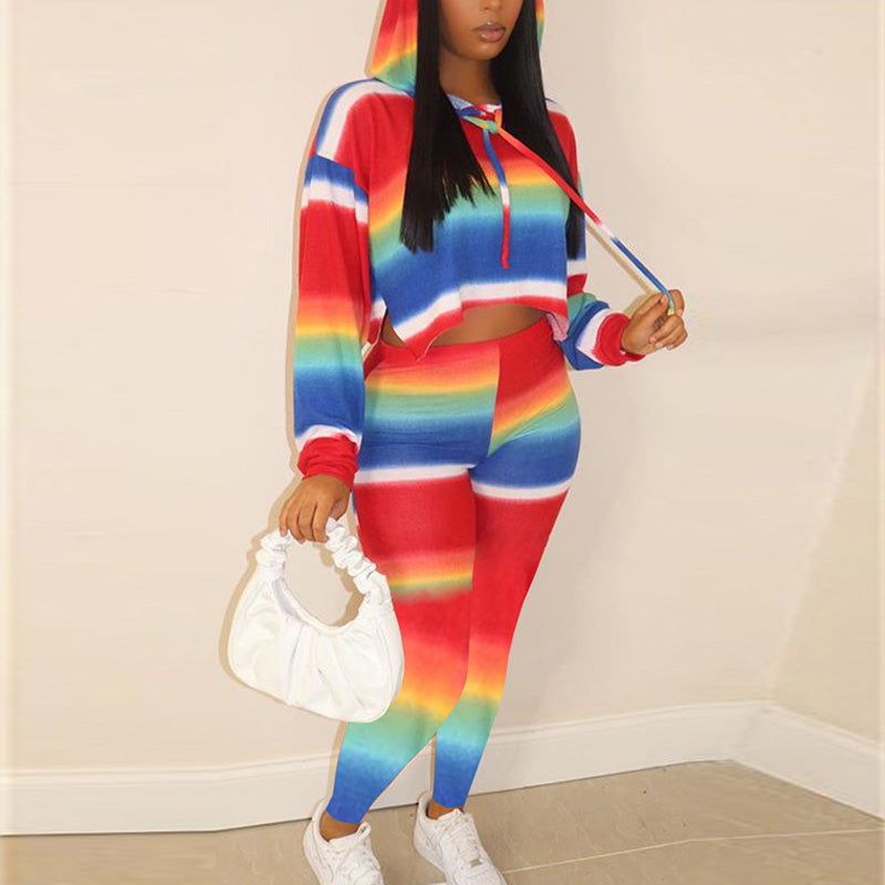 Rainbow Pattern Long Sleeve Hoodie Top & Pants Set