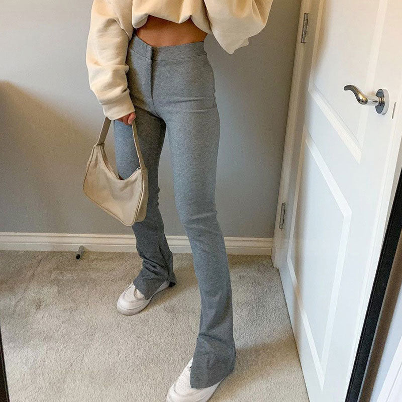 Solid High Waist Slit Skinny Pants